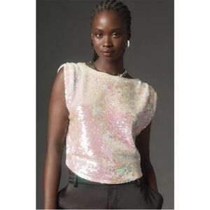 ANTHROPOLOGIE PILCRO SEQUIN CASHMERE/WOOL SWEATER VEST MUSCLE TOP IVORY